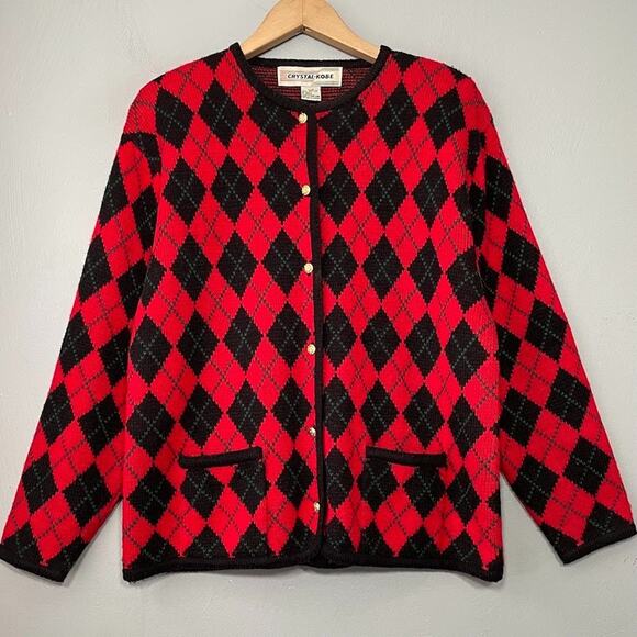 Vintage Boxy Red Argyle Plaid Sweater Size L Cardigan Gold Buttons Twee Academia - Picture 1 of 9